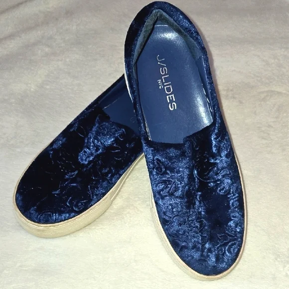 J/SLIDES NYC SZ 7 CRUSHED VELVET ROYAL BLUE PAISLEY FLORAL CASUAL SNEAKERS GLAM! - Picture 10 of 10